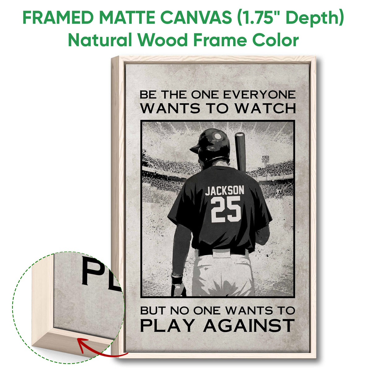 Framed baseball canvas wall art shown with a natural wood frame and edge detail