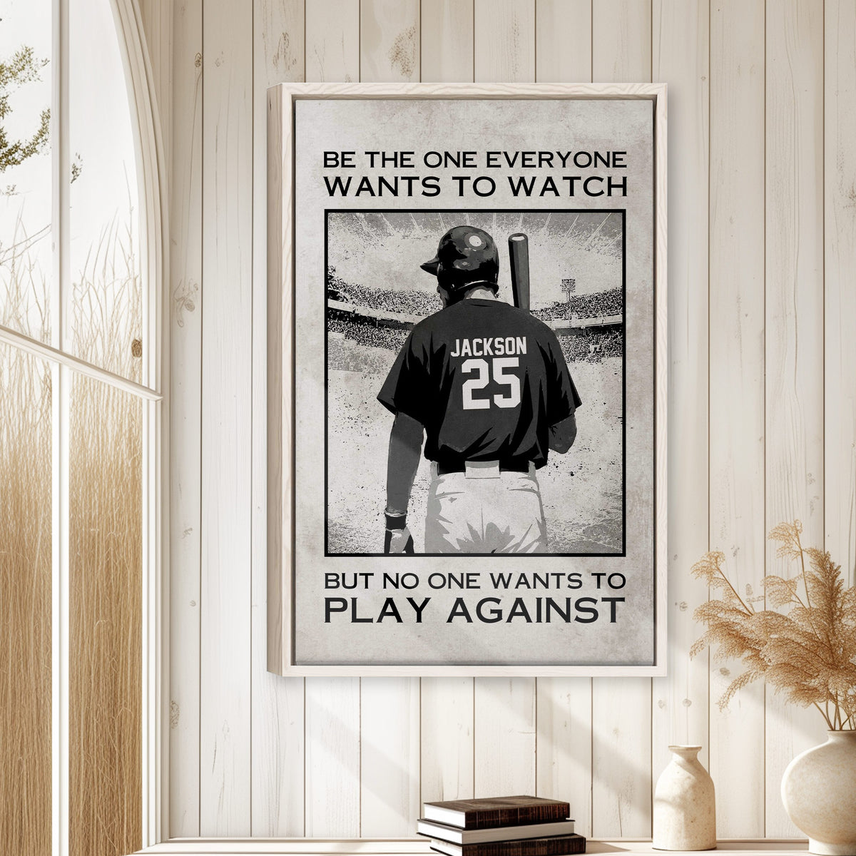 Baseball wall art displayed in a bright home with white paneled walls and natural decor