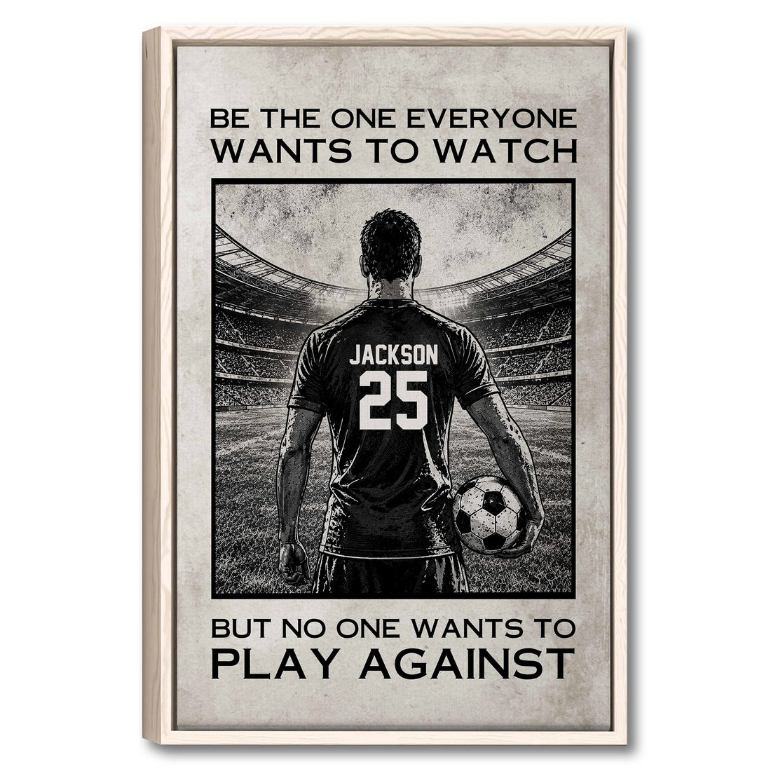 Framed soccer wall art showing a player holding a ball in a stadium with bold motivational lettering