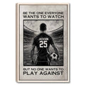 Framed soccer wall art showing a player holding a ball in a stadium with bold motivational lettering