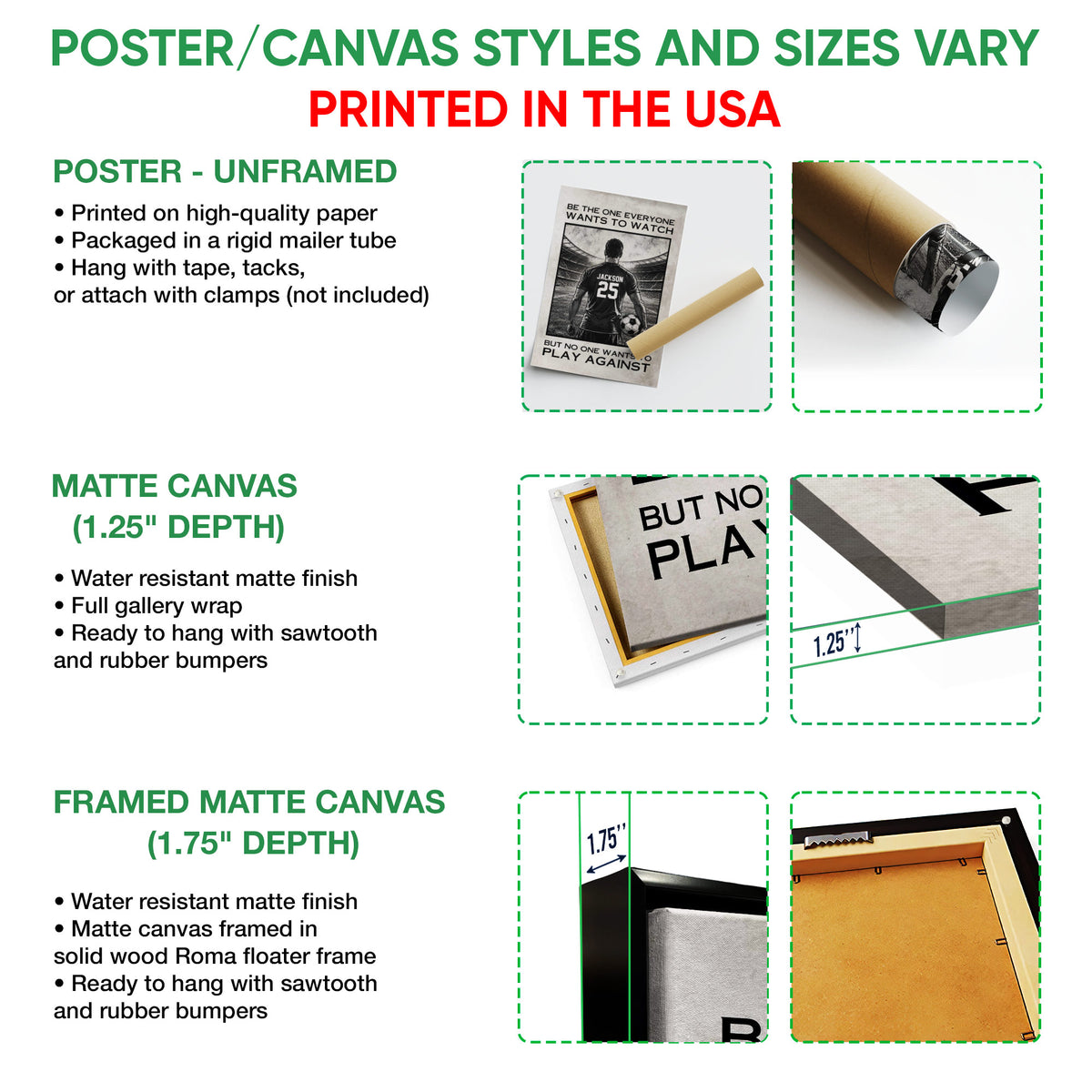 Poster and canvas wall art options guide showing unframed poster, canvas, and framed canvas formats