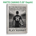 Matte canvas soccer wall art featuring a stadium player scene and monochrome motivational design