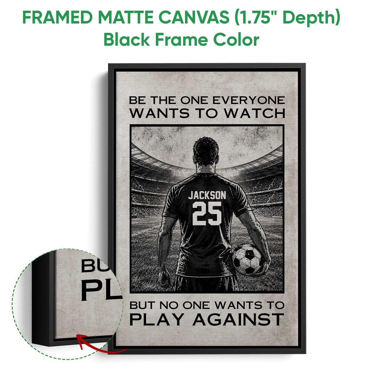 Black framed canvas soccer wall art with a stadium player illustration and detailed frame close-up