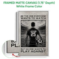 White framed canvas soccer wall art featuring a monochrome player and stadium illustration
