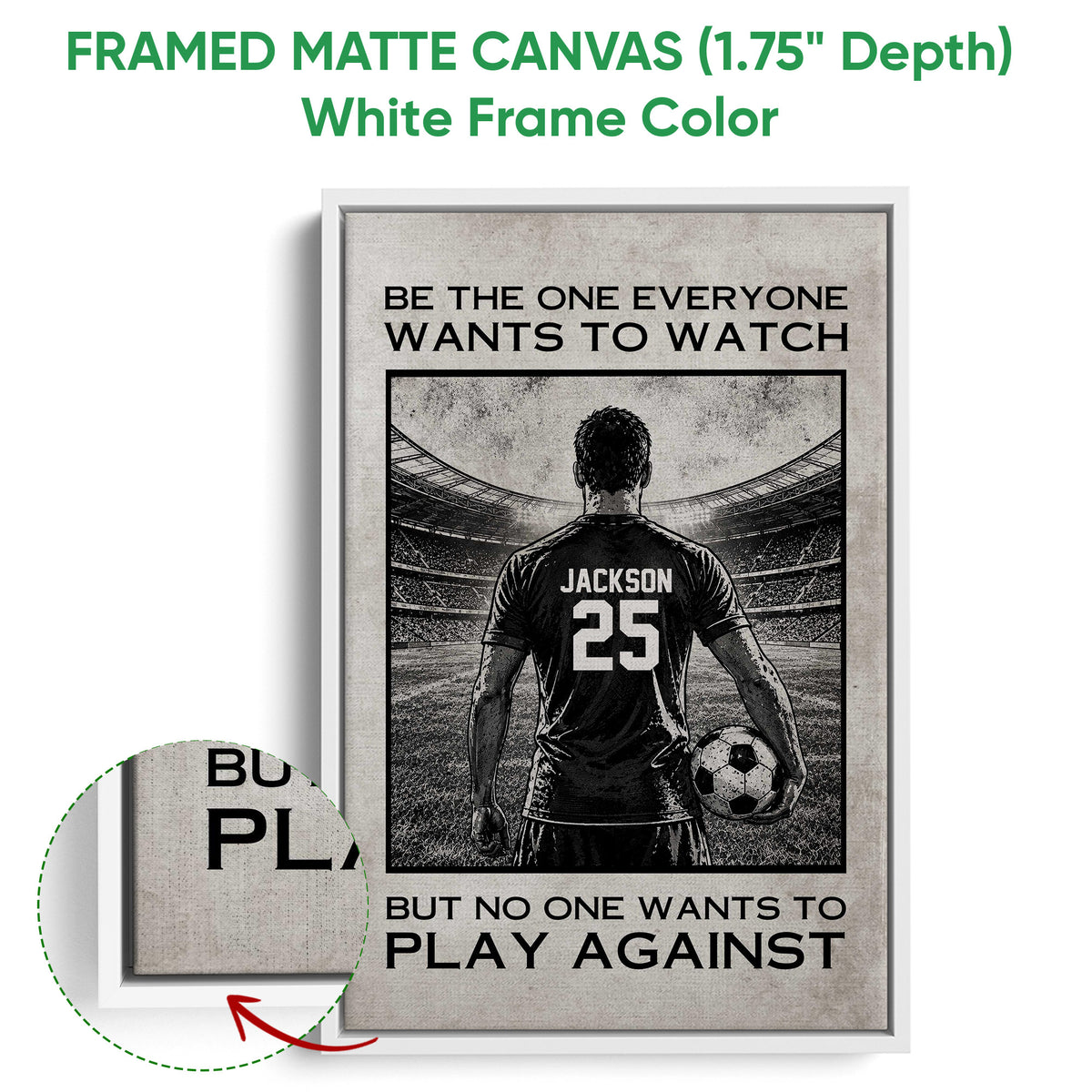 White framed canvas soccer wall art featuring a monochrome player and stadium illustration