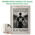 Natural wood framed soccer canvas wall art showing a stadium player scene and frame detail