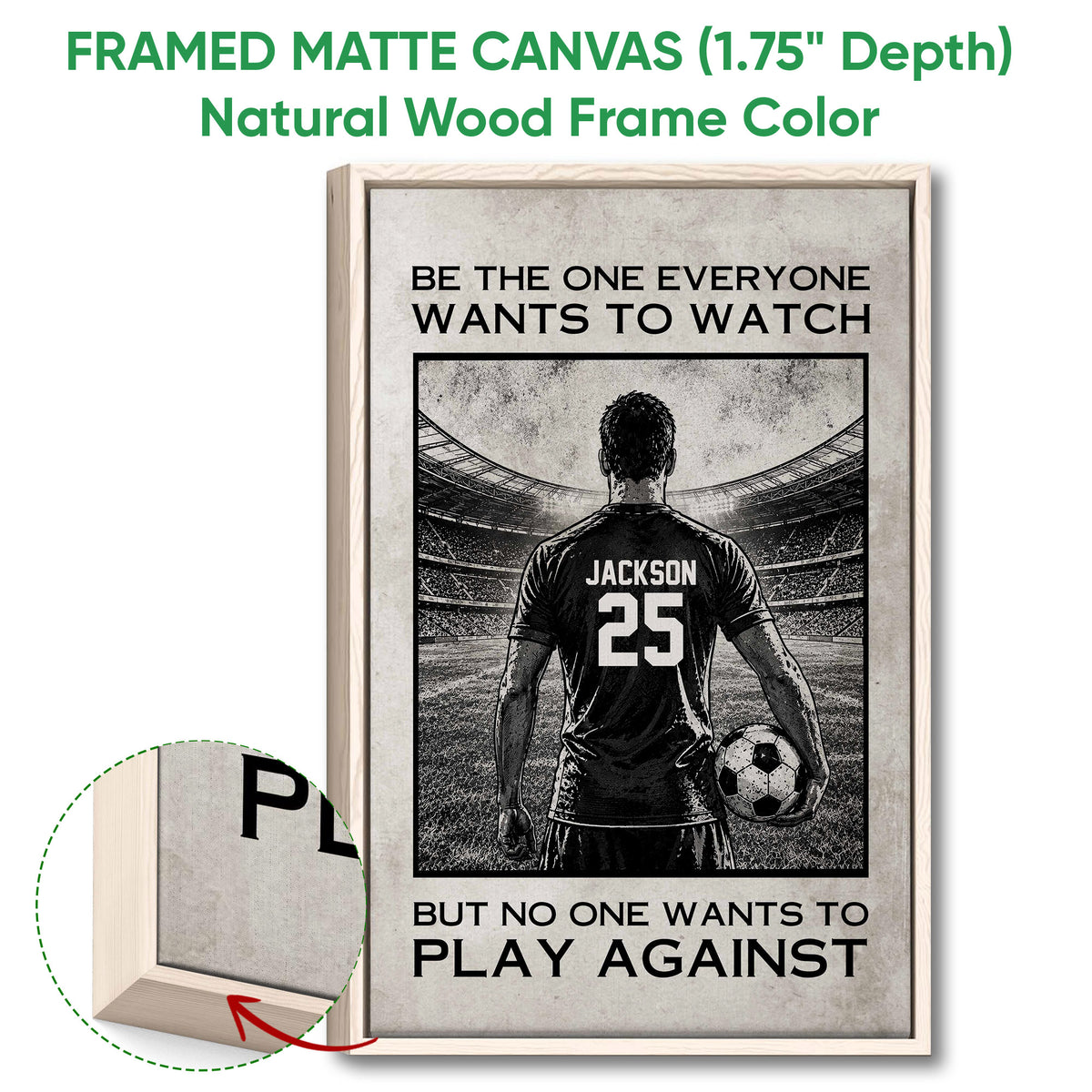 Natural wood framed soccer canvas wall art showing a stadium player scene and frame detail