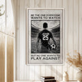 Soccer wall art displayed in a bright home interior with vertical wood paneling and neutral decor