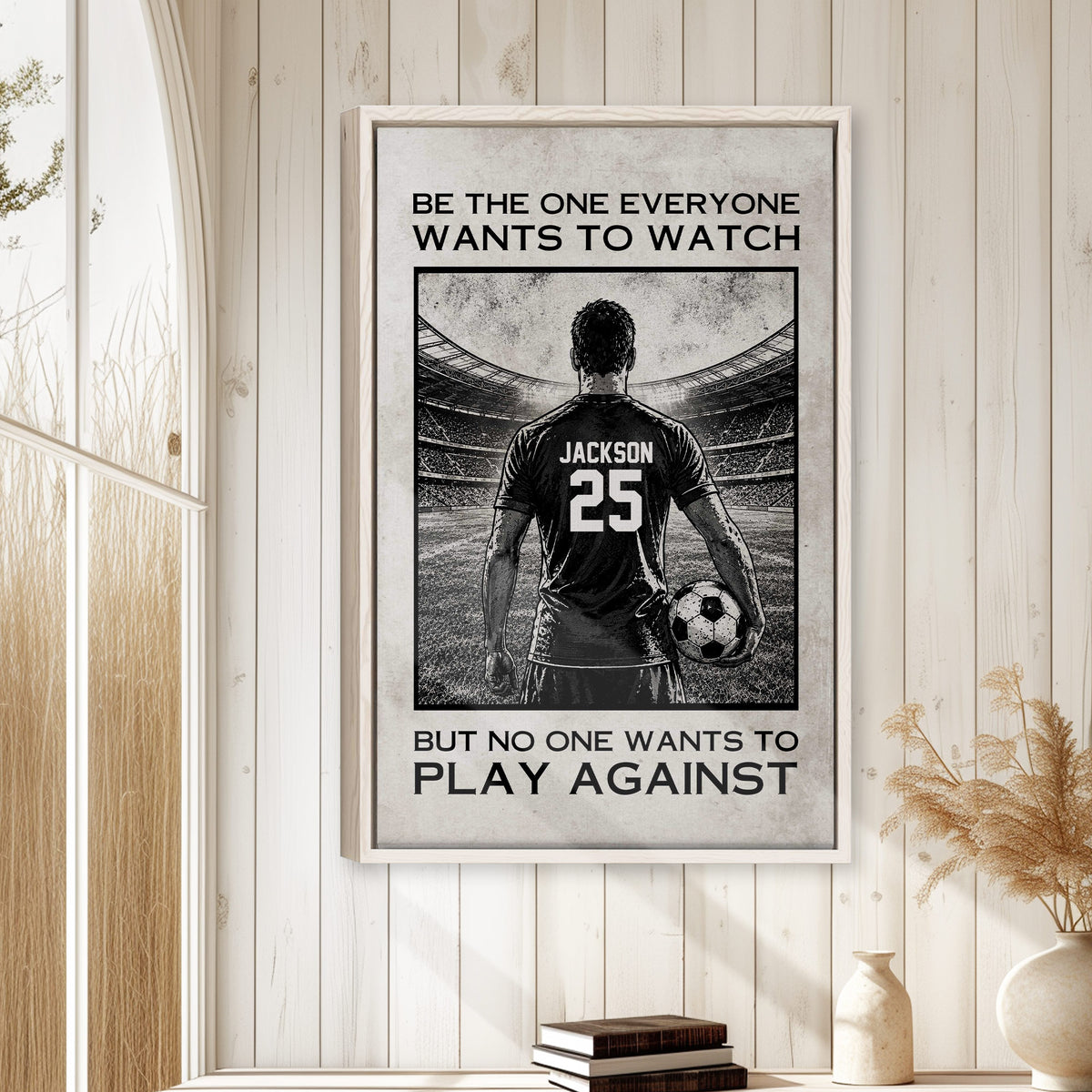 Soccer wall art displayed in a bright home interior with vertical wood paneling and neutral decor