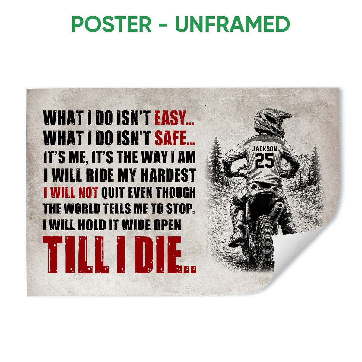 Unframed motocross poster featuring a dirt bike rider on a mountain trail with distressed black and red artwork