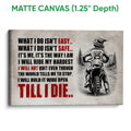 Matte canvas motocross wall art featuring a dirt bike rider, mountain scenery, and bold distressed typography