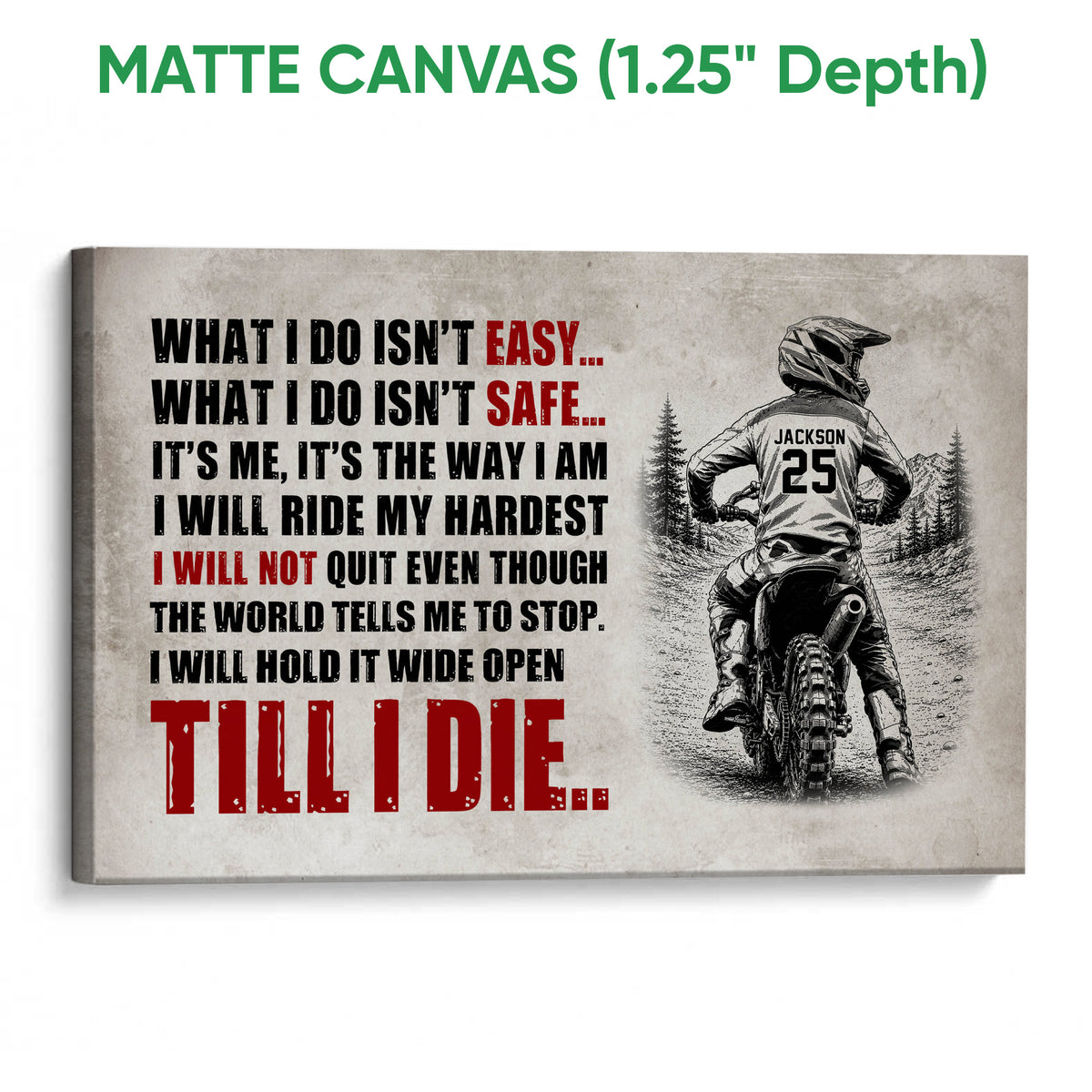 Matte canvas motocross wall art featuring a dirt bike rider, mountain scenery, and bold distressed typography