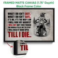 Framed motocross canvas wall art shown with a black frame and close-up view of the canvas finish