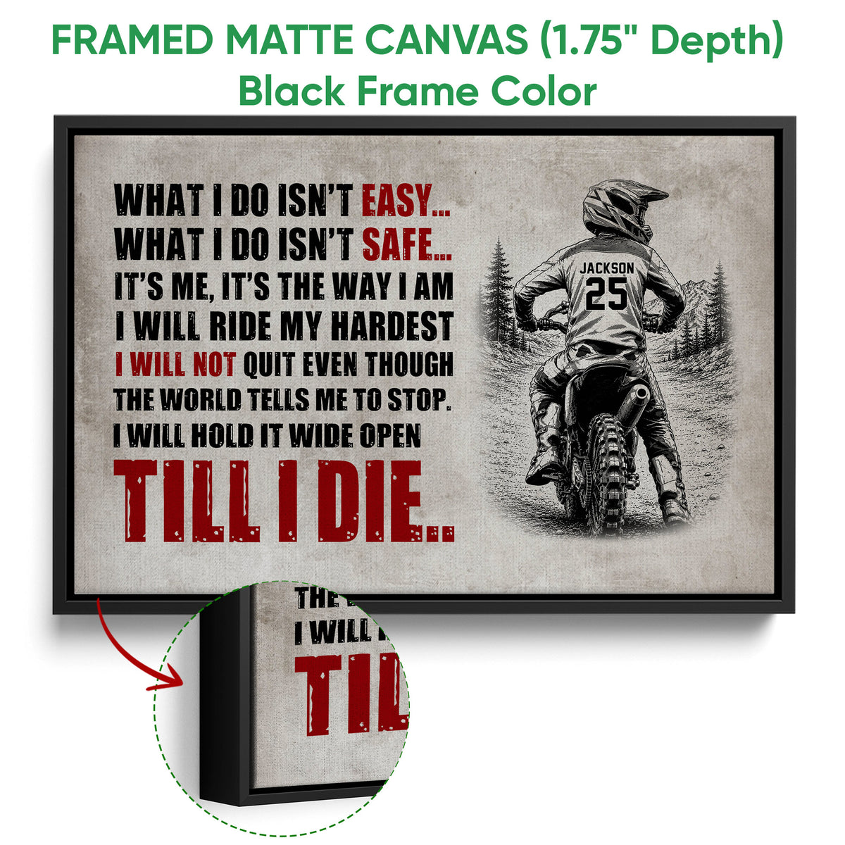 Framed motocross canvas wall art shown with a black frame and close-up view of the canvas finish