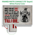Framed motocross canvas wall art shown with a white frame and close-up view of the canvas finish