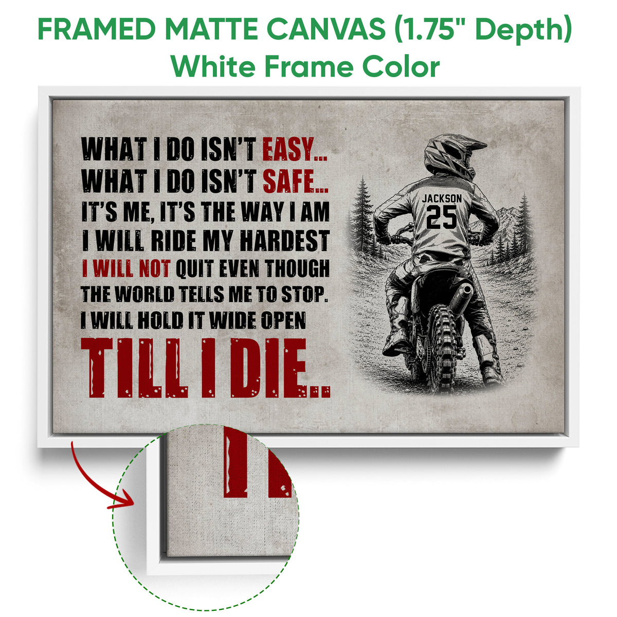 Framed motocross canvas wall art shown with a white frame and close-up view of the canvas finish