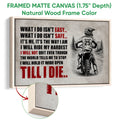 Framed motocross canvas wall art shown with a natural wood frame and close-up frame detail