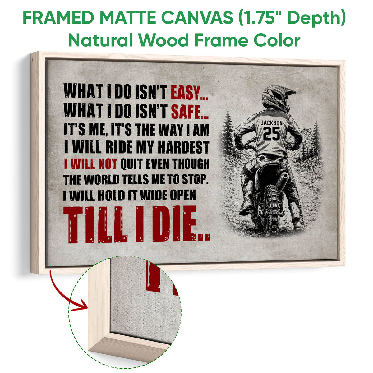 Framed motocross canvas wall art shown with a natural wood frame and close-up frame detail