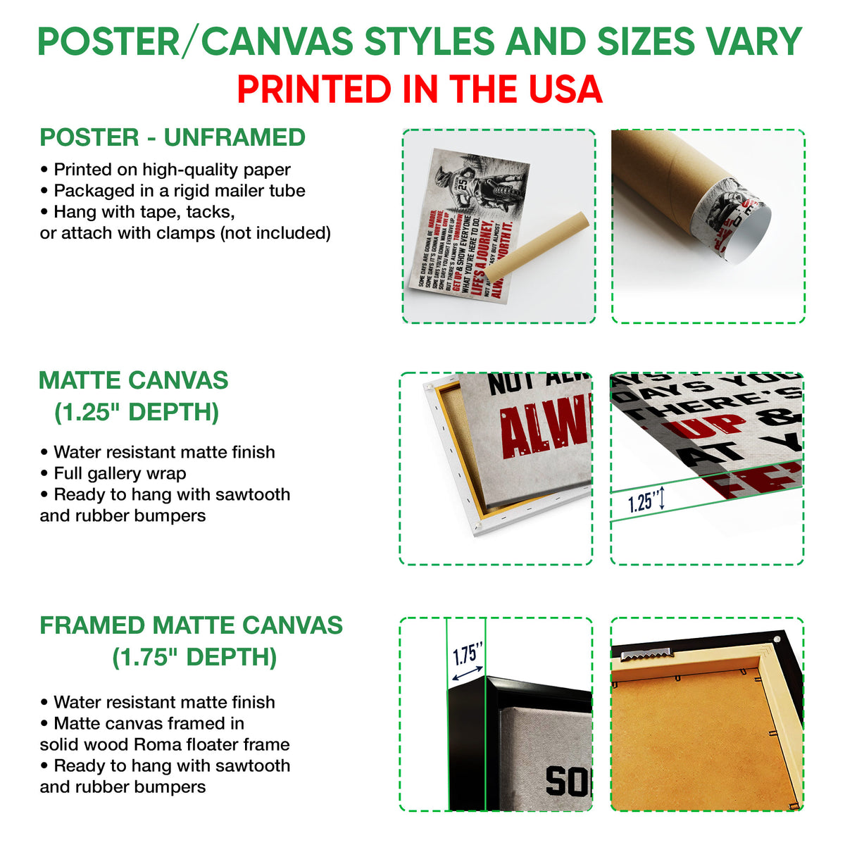 Motocross wall art poster and canvas format guide showing unframed and framed presentation options