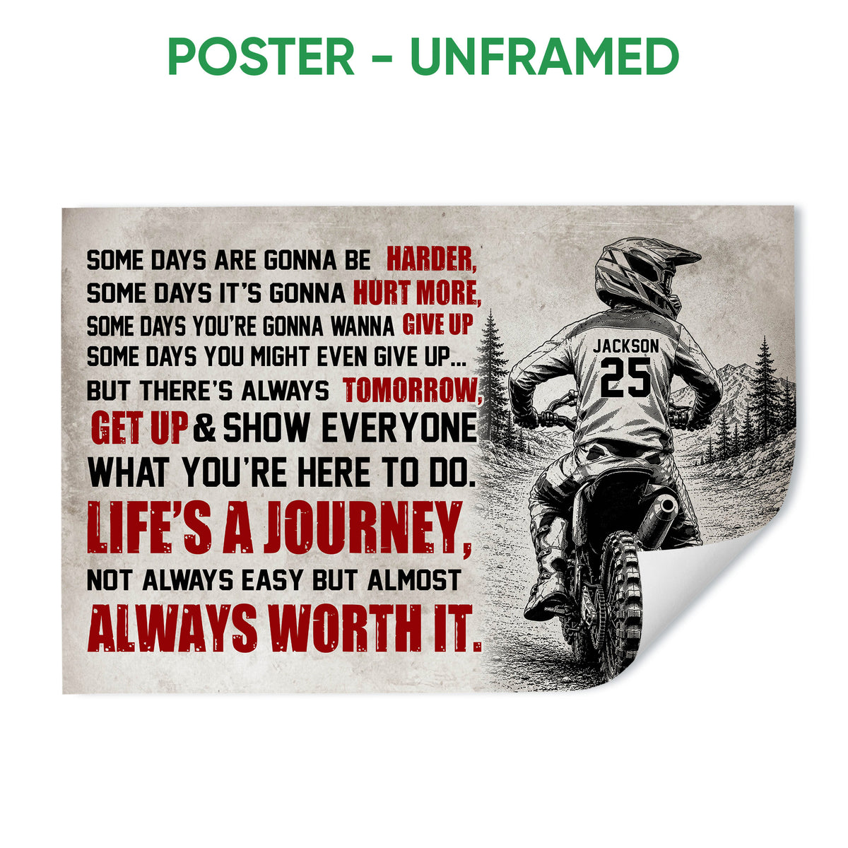 Unframed motocross poster featuring a dirt bike rider, mountain landscape, and bold motivational typography