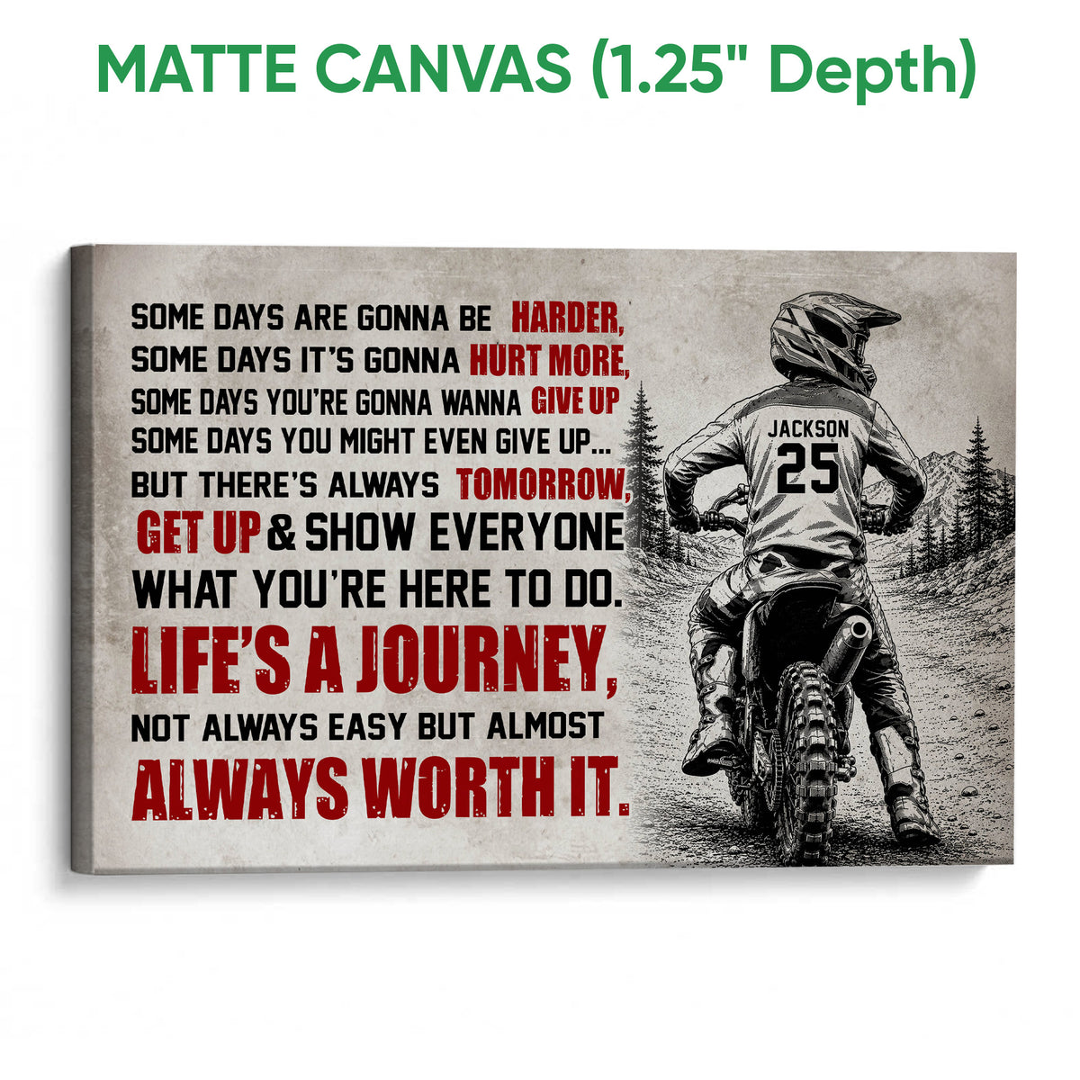 Matte canvas motocross wall art showing a dirt bike rider against a rugged mountain landscape