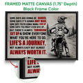 Black framed canvas motocross wall art with a dirt bike rider and distressed red and black typography