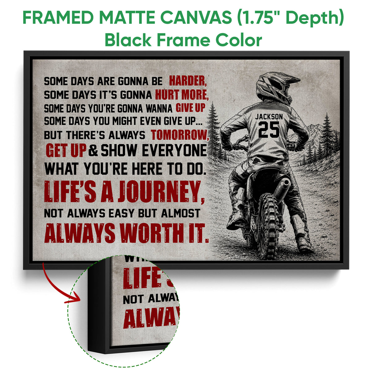 Black framed canvas motocross wall art with a dirt bike rider and distressed red and black typography