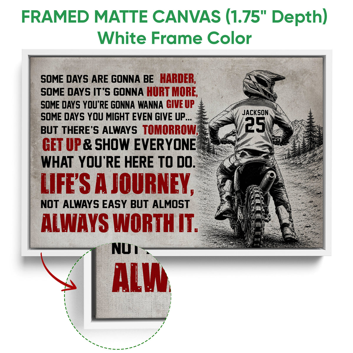 White framed canvas motocross wall art featuring a rider on a dirt bike and motivational design