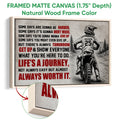 Natural wood framed motocross wall art with a dirt bike rider and rugged outdoor scenery