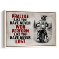 Framed motocross wall art with a dirt bike rider, mountain trail scene, and bold red and black message