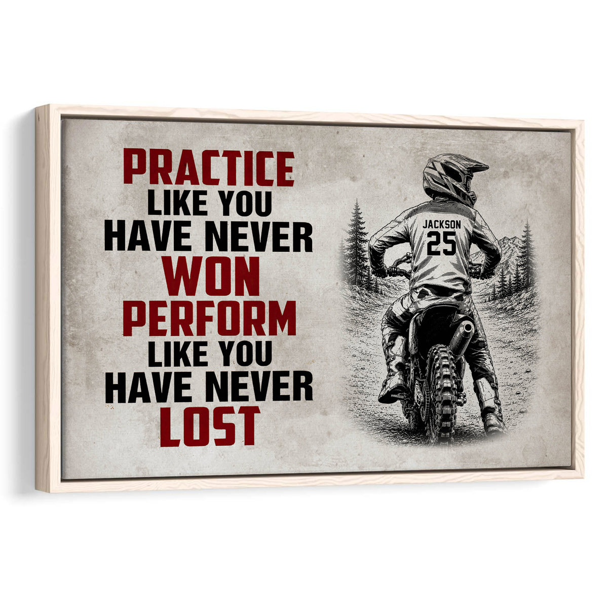 Framed motocross wall art with a dirt bike rider, mountain trail scene, and bold red and black message