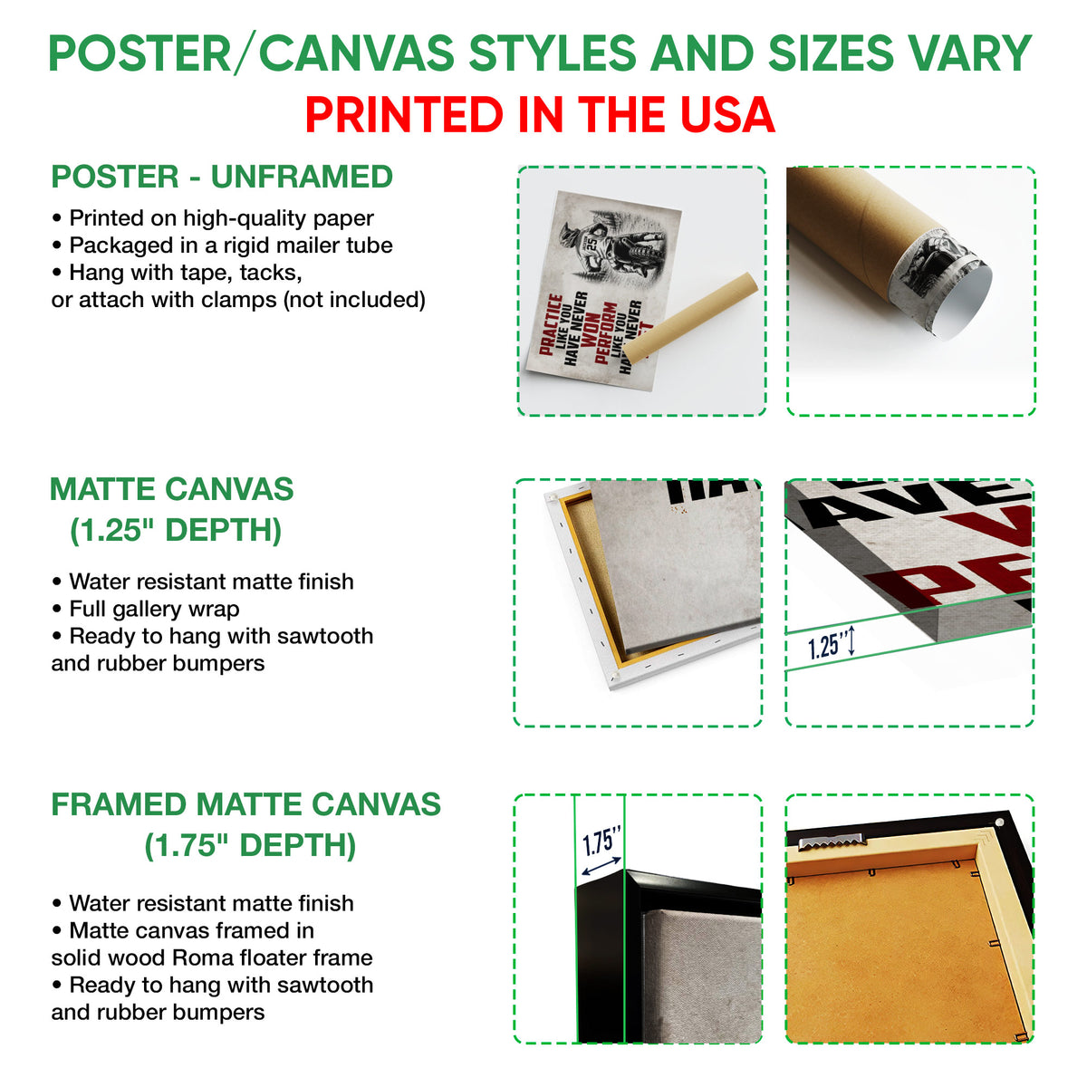 Poster and canvas wall art format guide showing unframed poster, matte canvas, and framed canvas options