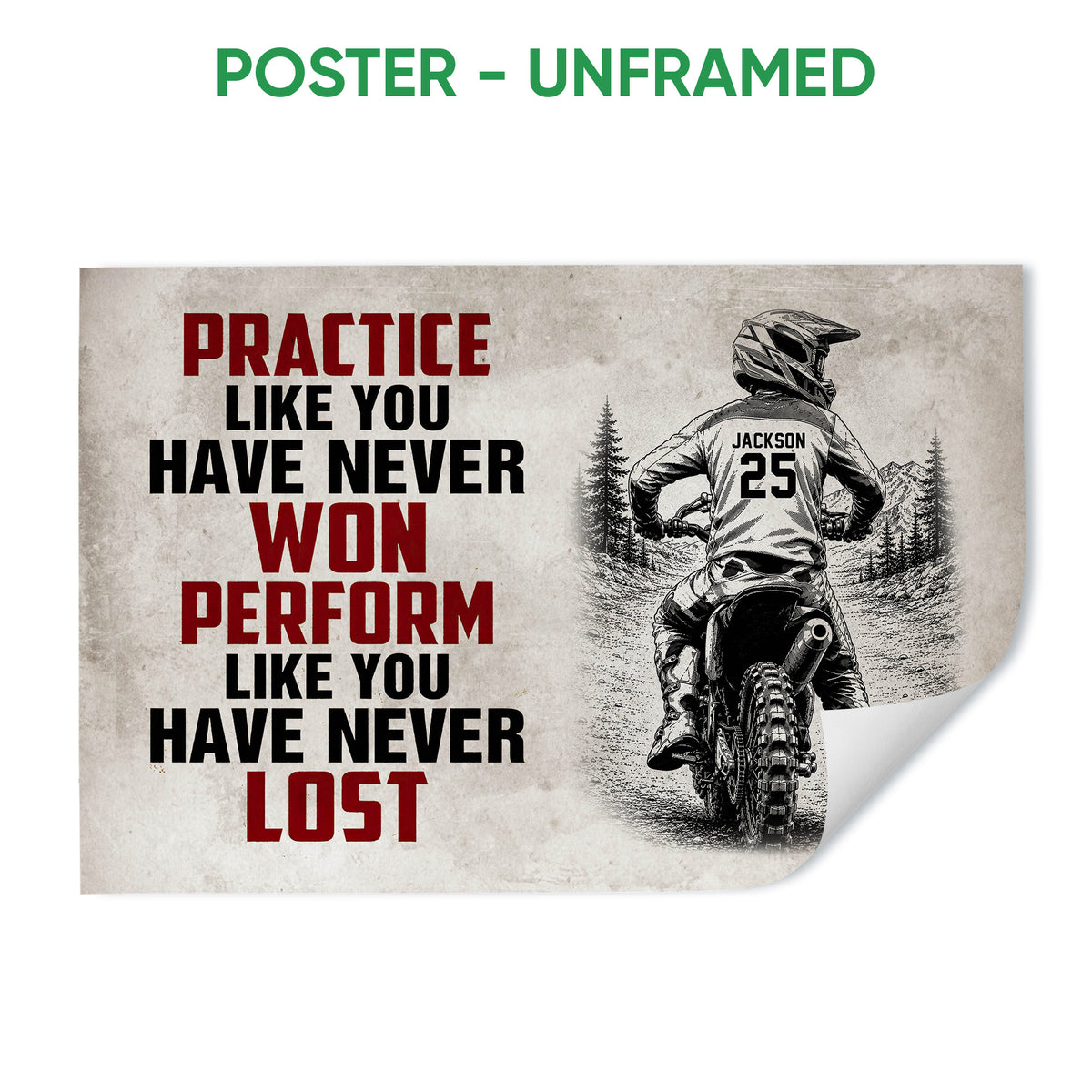Unframed motocross poster featuring a dirt bike rider on a mountain trail with bold motivational typography