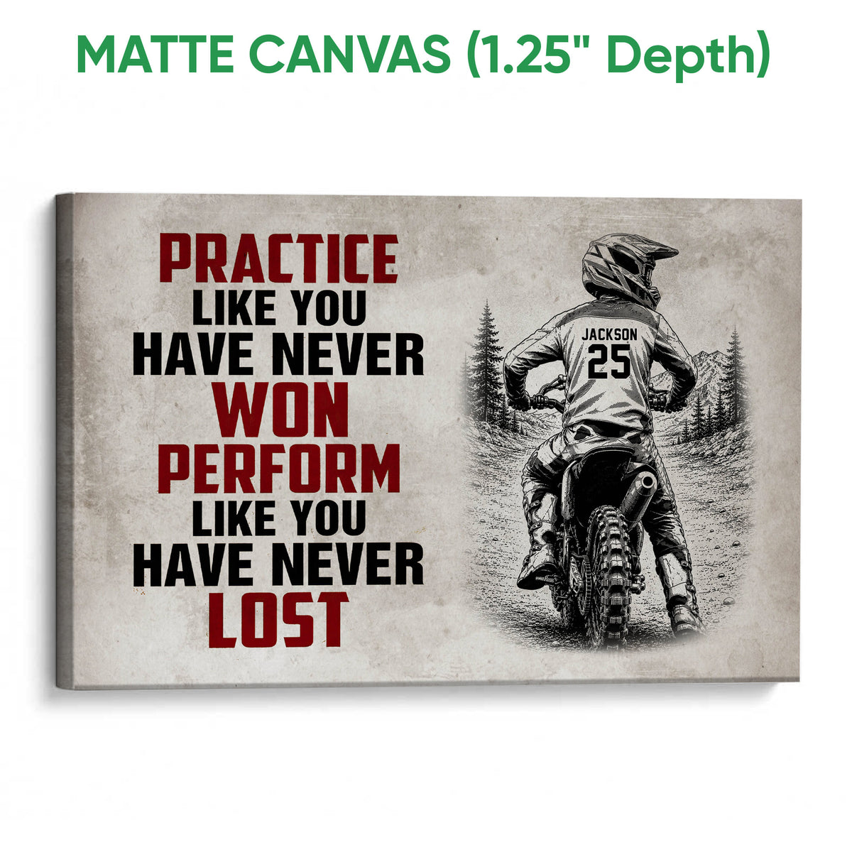 Matte canvas motocross wall art featuring a helmeted dirt bike rider and red and black typography