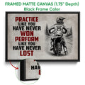 Framed motocross canvas wall art shown with a black frame and close-up view of the canvas edge