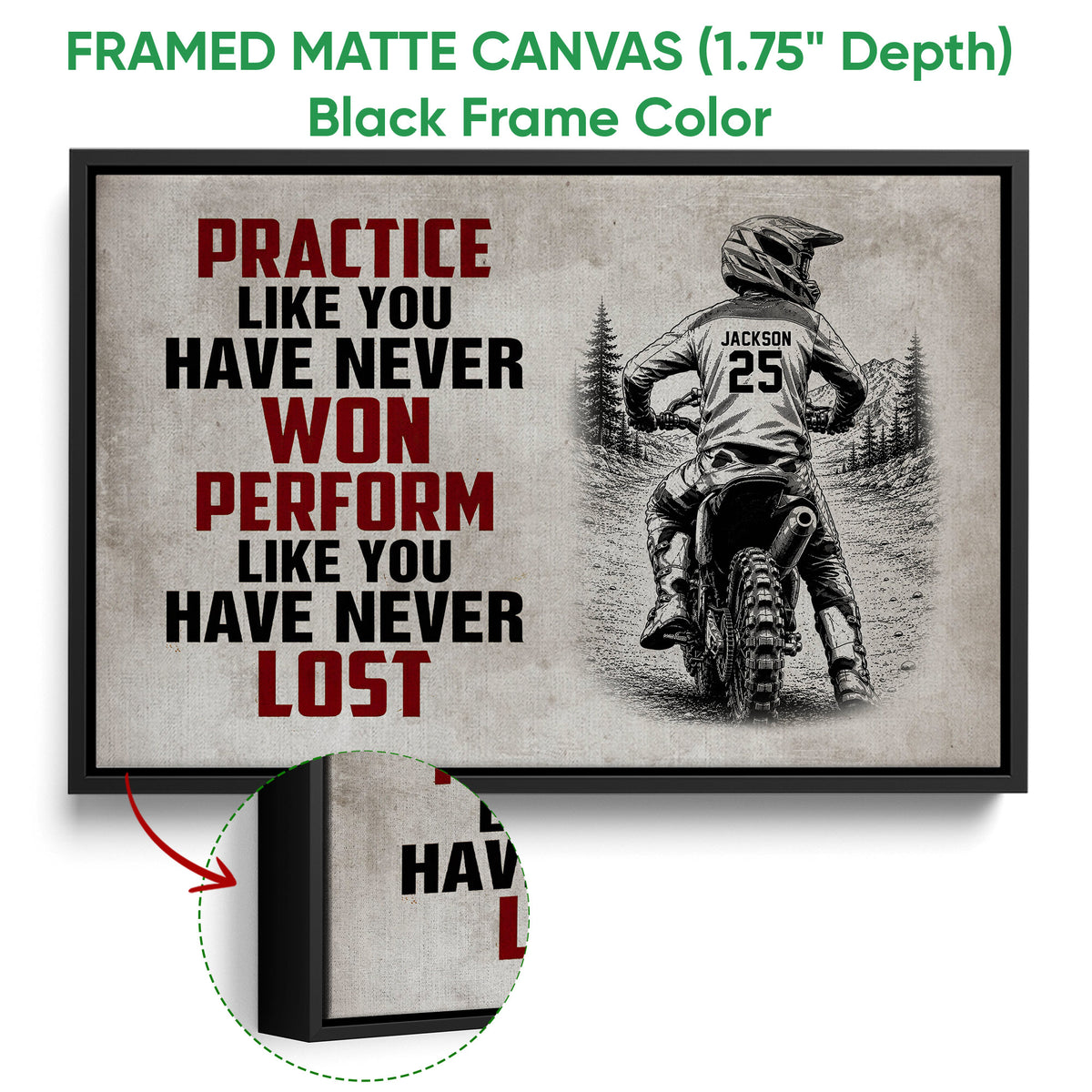 Framed motocross canvas wall art shown with a black frame and close-up view of the canvas edge