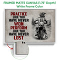 Framed motocross canvas wall art shown with a white frame and close-up view of the canvas edge