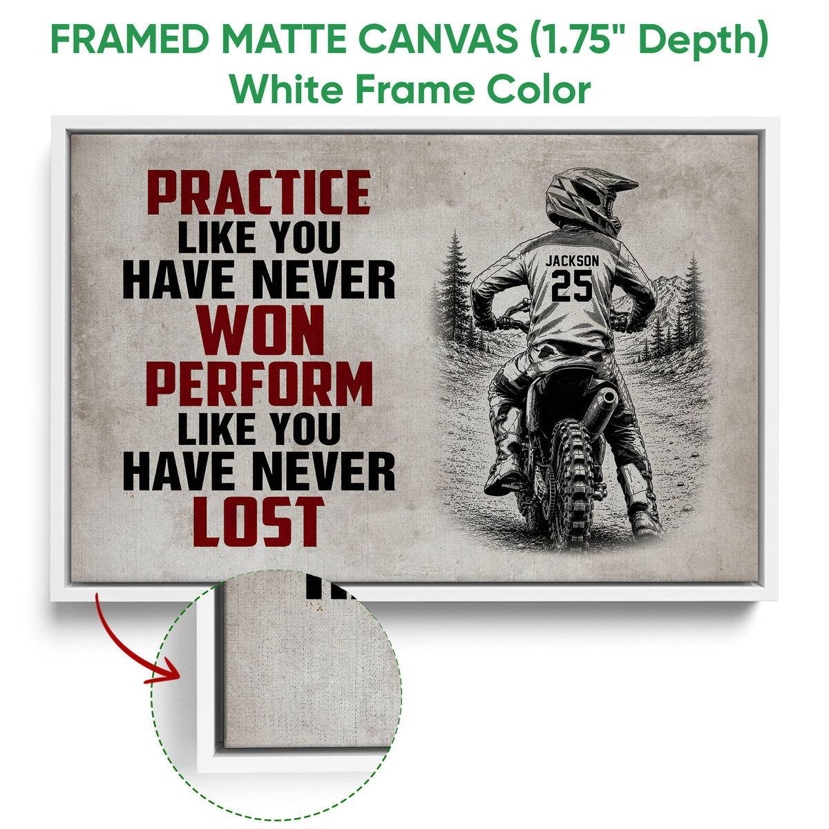 Framed motocross canvas wall art shown with a white frame and close-up view of the canvas edge