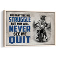 Framed motocross wall art featuring a dirt bike rider on a mountain trail with bold blue typography