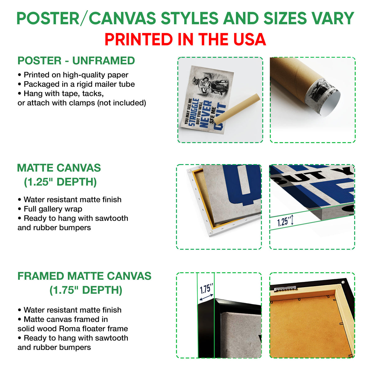 Poster and canvas wall art options guide showing unframed poster, canvas, and framed canvas formats