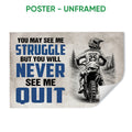 Unframed motocross poster featuring a helmeted dirt bike rider, mountain trail, and bold blue typography