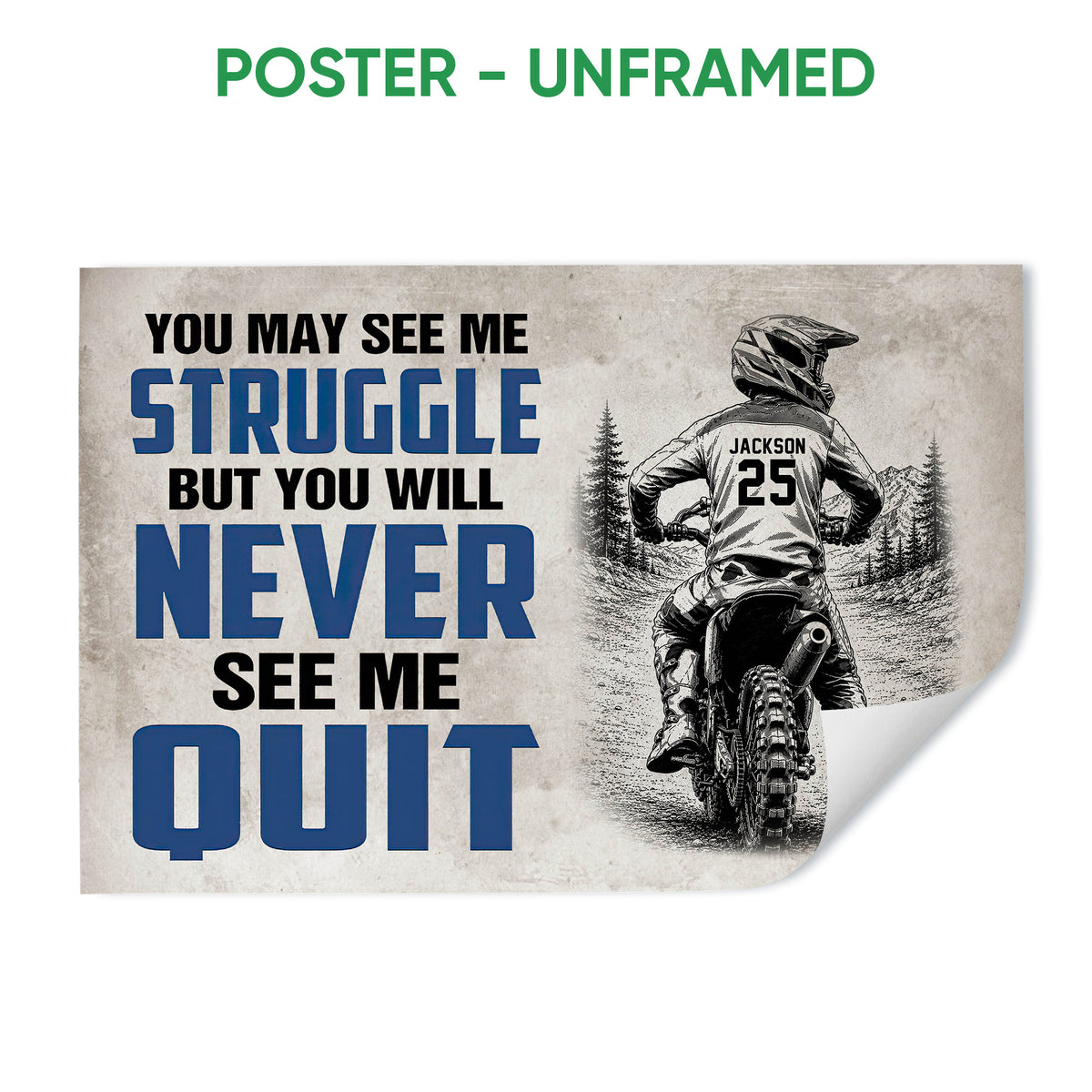 Unframed motocross poster featuring a helmeted dirt bike rider, mountain trail, and bold blue typography