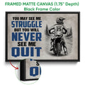 Black framed motocross canvas wall art with a dirt bike rider, mountain scenery, and blue typography
