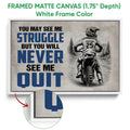 White framed motocross canvas wall art showing a dirt bike rider against a mountain trail scene