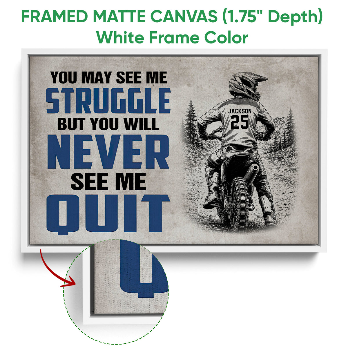 White framed motocross canvas wall art showing a dirt bike rider against a mountain trail scene