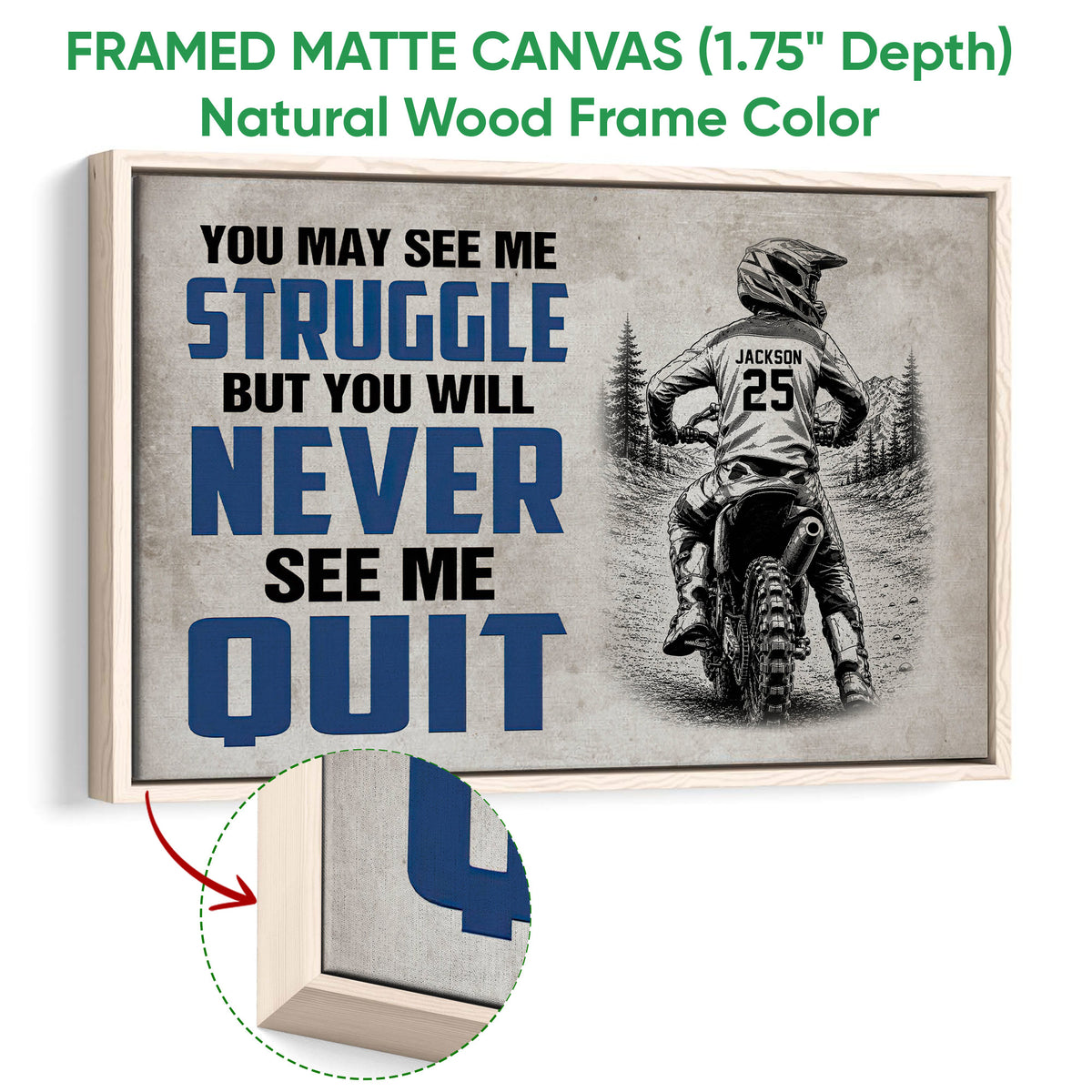 Natural wood framed motocross wall art featuring a rider on a dirt bike in a rugged outdoor scene