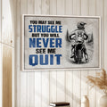 Motocross wall art displayed on a light wood wall, featuring a dirt bike rider and bold blue typography