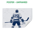 Unframed hockey poster featuring a back-view player with a stick against a textured navy and white background