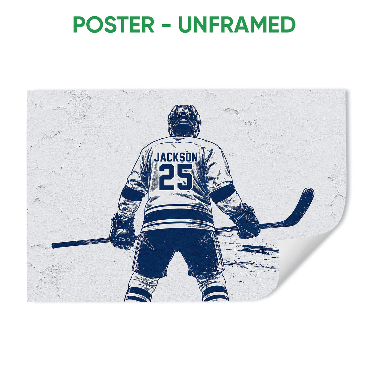 Unframed hockey poster featuring a back-view player with a stick against a textured navy and white background