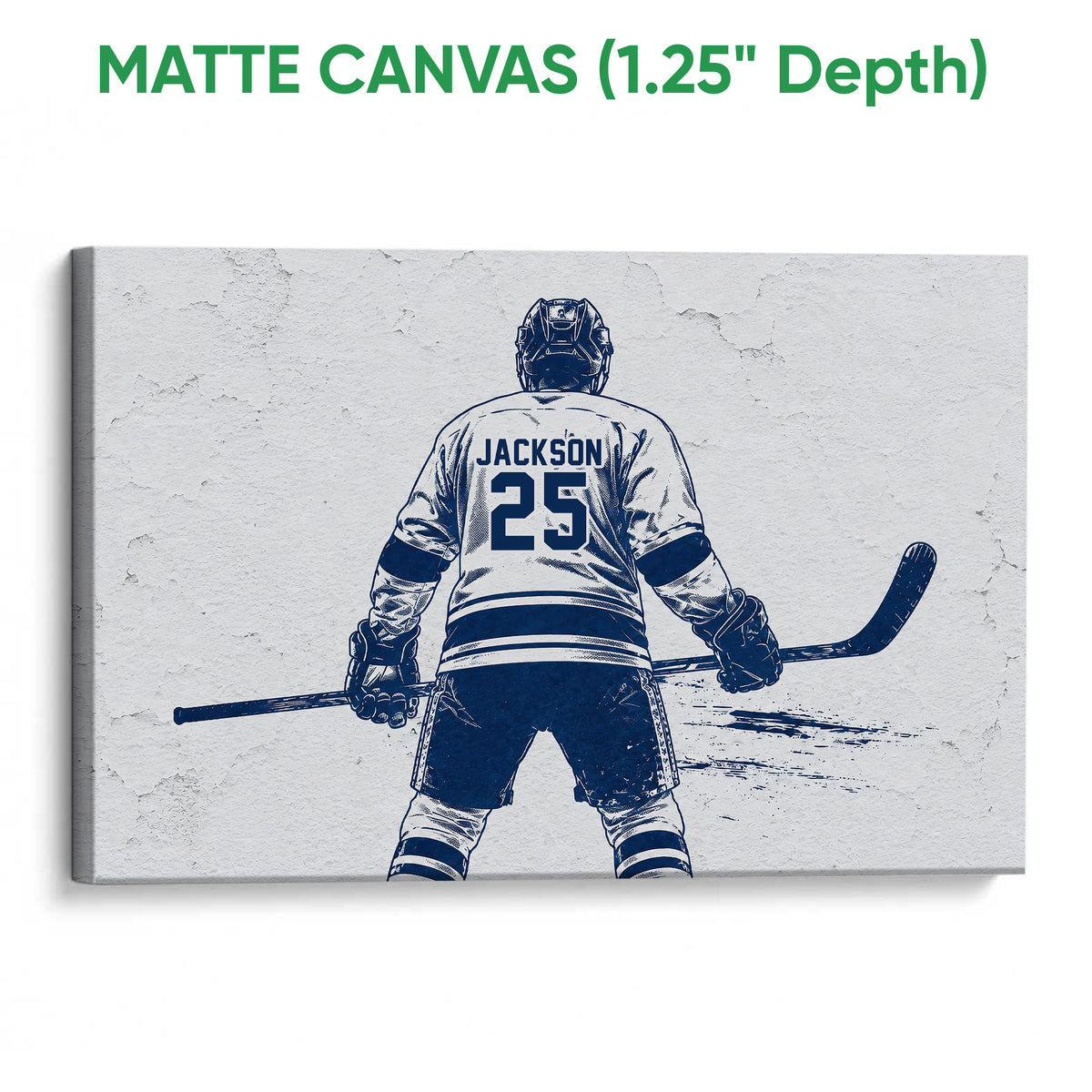 Matte canvas hockey wall art showing a back-view player and stick in a textured navy and white design